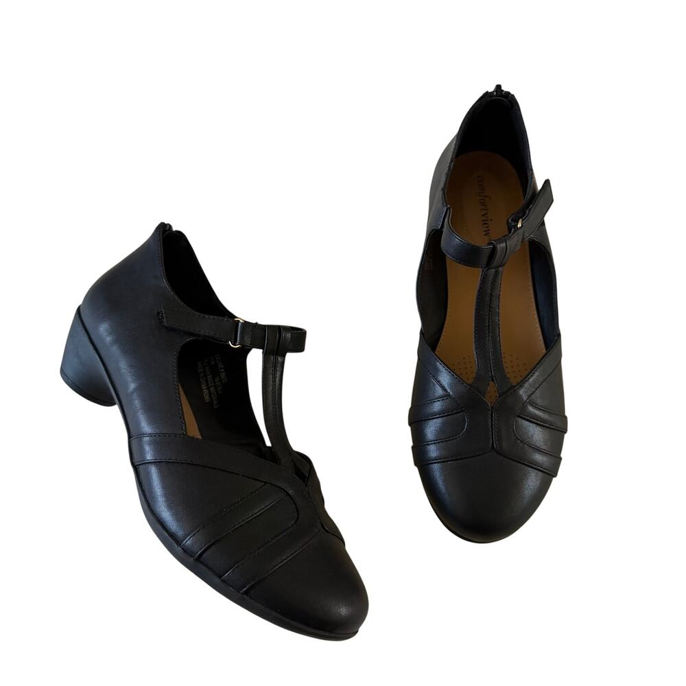 Black Mary Jane T Strap Mini Heel Shoe Wmns Sz 11 Wide Comfort Dress Pump